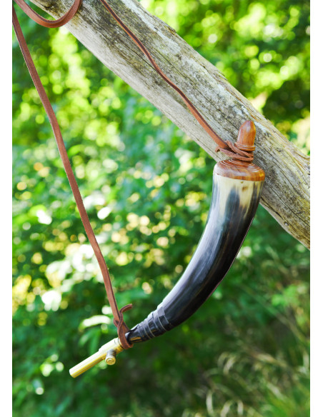 Horn powder flask with brass stopper...