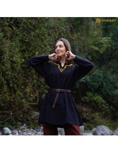 Medieval cotton tunic with embroidered collar and long...