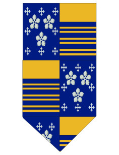 Medieval Flag with Yellow Crosses, Flowers, and Stripes