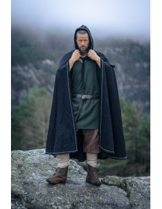 Viking cloak in wool with hood model Valdemar, black color 2