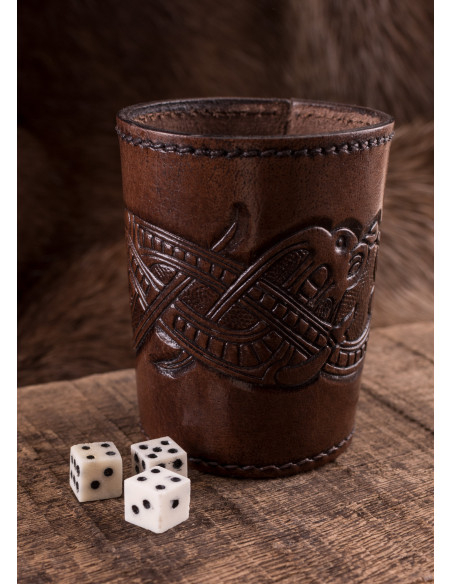 Black leather dice cup with embossed...